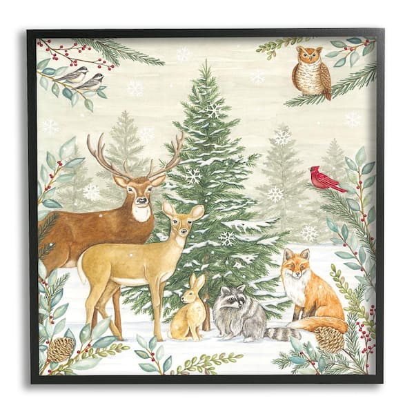 Stupell Industries Woodland Animals in Winter by Deb Strain 1-Piece Framed Graphic Print Animal Poster Art Print 24 in. x 24 in.