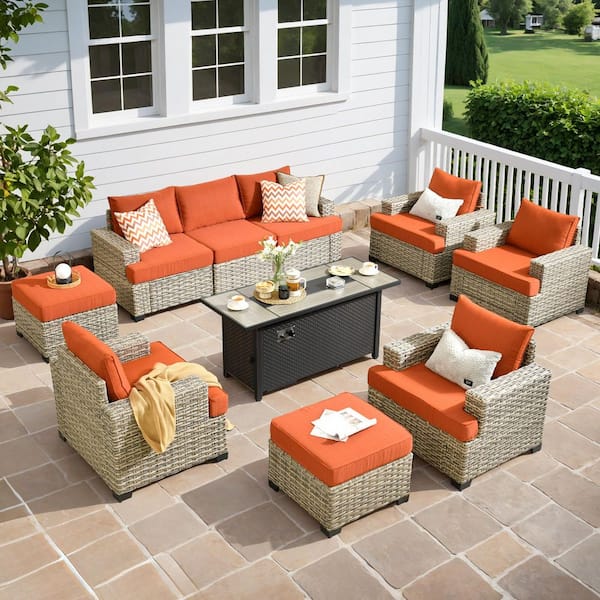 Tiberty Gray 10-Piece Wicker Patio 54 in. Rectangle Fire Pit Conversation Set with Orange Red Cushions