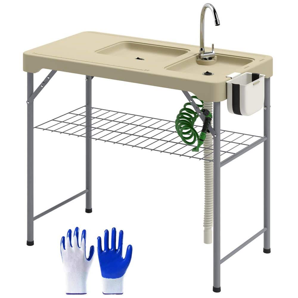 Folding Fish Cleaning Table with Sinks, Outdoor Fillet Table, Tan
