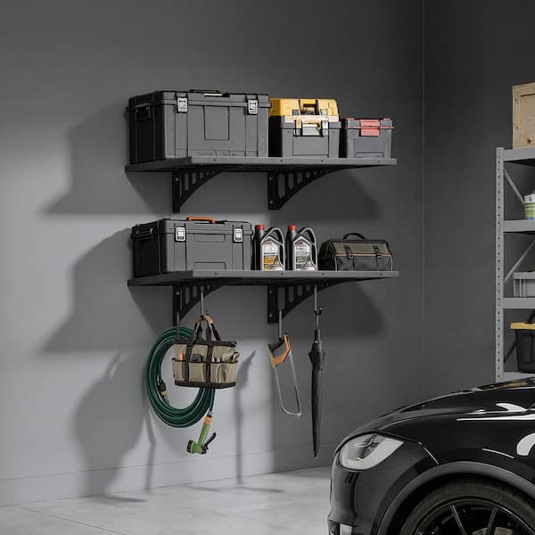 2-Tier 24.21 in. W x 35.98 in. D Black Metal Garage Wall Shelf, Heavy Duty Steel Storage Rack, 560 lbs. Capacity