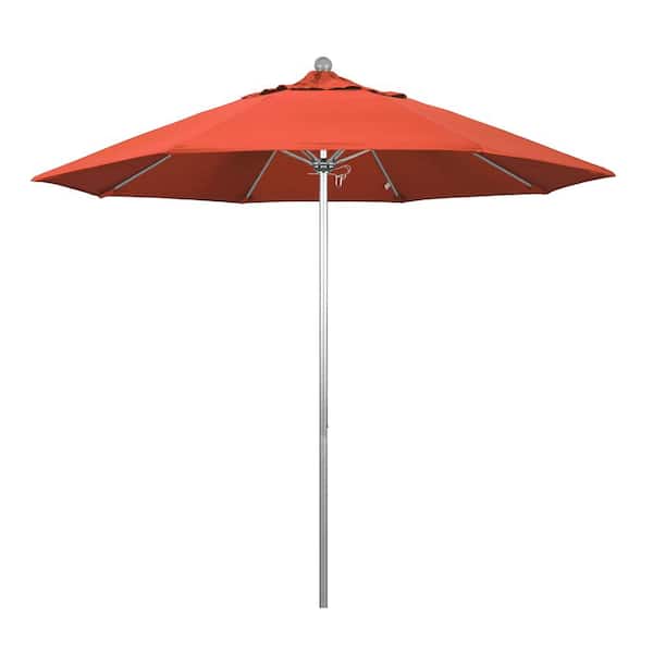 California Umbrella 9 ft. Silver Aluminum Commercial Market Patio Umbrella with Fiberglass Ribs and Push Lift in Sunset Olefin