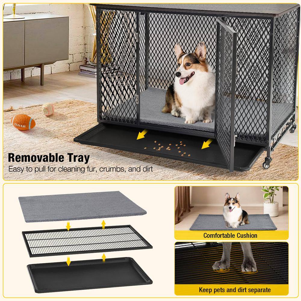 Large Black Metal Dog Crate Table with Casters