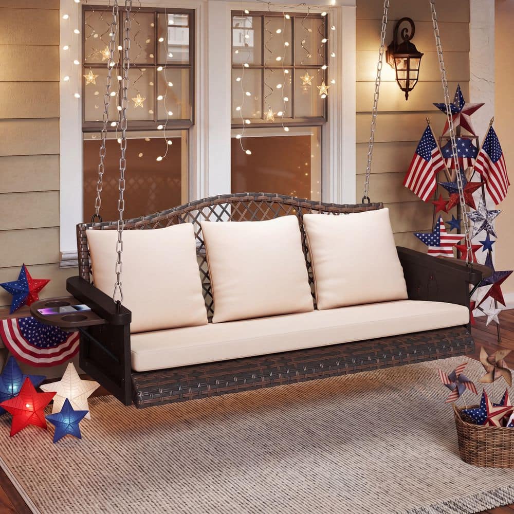 DENISLAWN 3-Person Brown Wicker Porch Swing with Khaki Cushions, Woven-Rattan Back BN8010KH