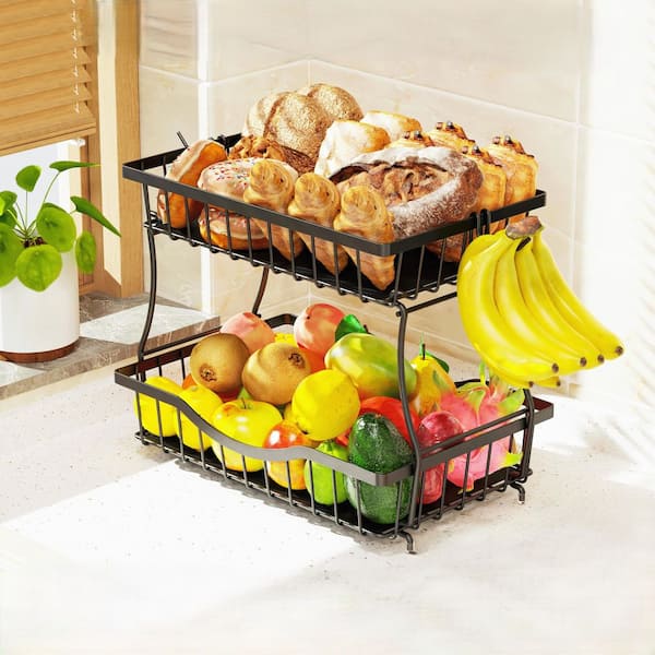 2-Tier Large Fruit Basket with Banana Hangers, Removable Leak-Proof Mats, Elevated Base, and Curved Openings Kitchen