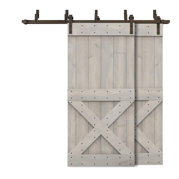 CALHOME 44 in. x 84 in. Mini X-Bypass Silver Gray Stained DIY Solid Wood Interior Double Sliding Barn Door with Hardware Kit
