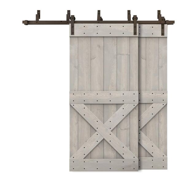 CALHOME 60 in. x 84 in. Mini X-Bypass Silver Gray Stained DIY Solid Wood Interior Double Sliding Barn Door with Hardware Kit