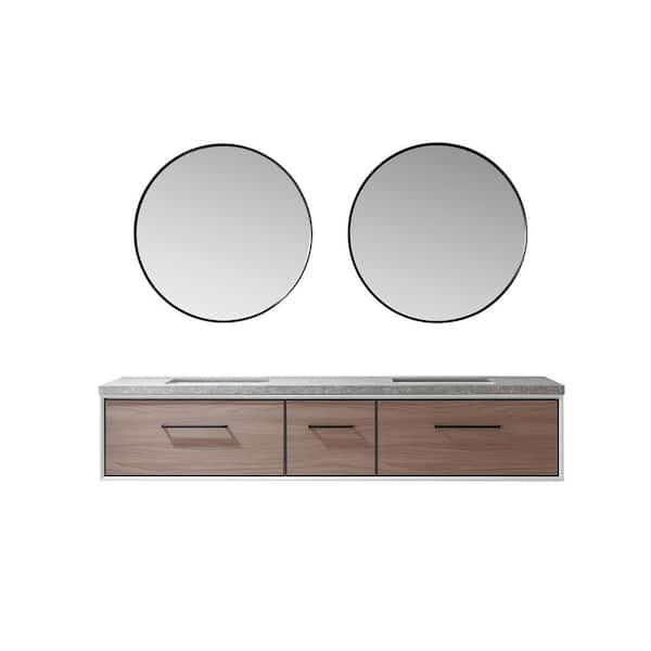 ROSWELL Capa 84 in. W x 22 in. D x 17.3 in. H Double Sink Bath Vanity in Light Walnut with Grey Sintered Stone Top and Mirror