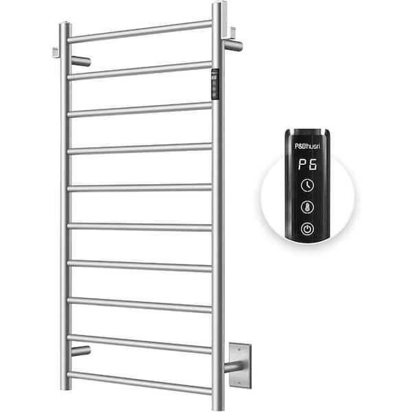 10-Bars Screw-In Electric Plug-In Towel Warmer Rack, Wall-Mounted, Stainless Steel w/ LED Indicator and Timer in Silver