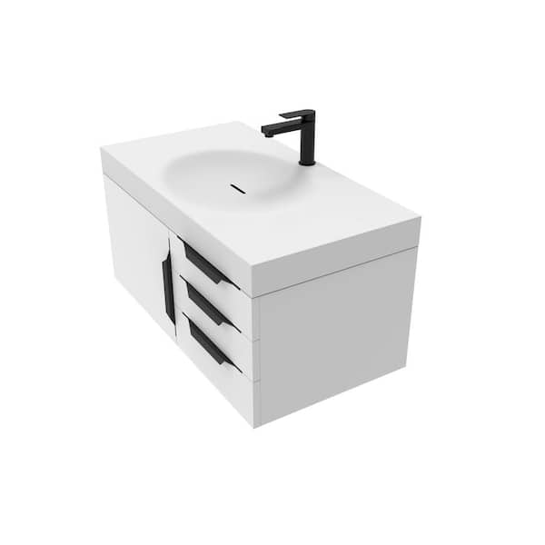 castellousa 36 in. W x 19 in. D x 16.25 in. H Single Floating Bath Vanity in Matte White w/ Black Trim w/ Solid Surface White Top