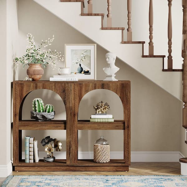 BYBLIGHT Turrella 41 in. Rectangle Brown Wood Farmhouse Behind Sofa Entryway Couch Wall Arched Console Table 3 Storage Shelves