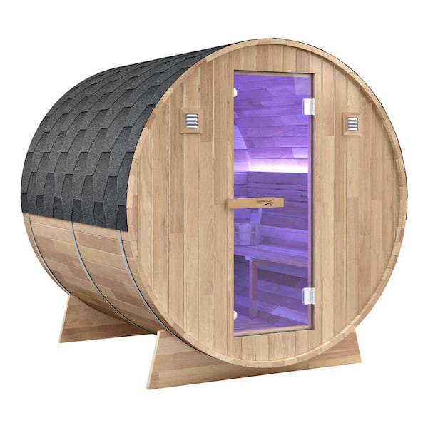 4-6-Person Outdoor White Cedar Barrel Wet/Dry Sauna with 6kW TOULE Rock Heater, Tempered Glass Door and Chromatherapy