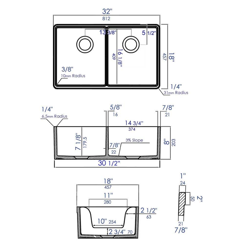 32'' White Fireclay Double Bowl Farmhouse Sink