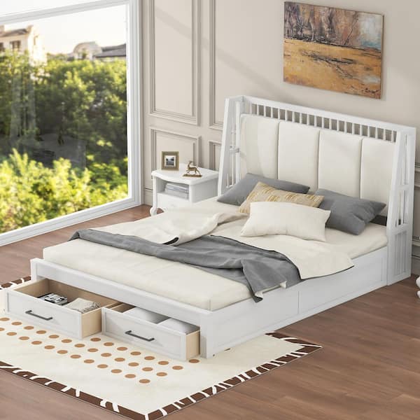 Qualler White Wood Frame Queen Size Platform Bed with Upholstered Headboard and 2 Drawers