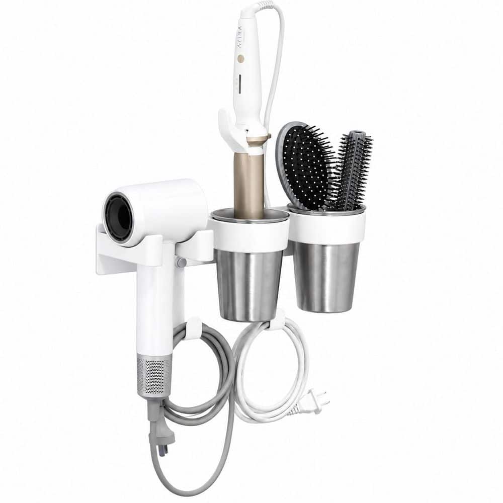 9.87 in Wall Mount Hair Tool Organizer in Transparent with Aluminum Alloy Frame and Stainless Steel Cups