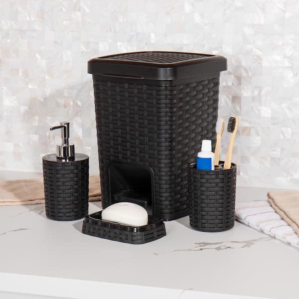 4 Piece Matte Black Resin Bathroom Accessory Set, Includes Soap Dish,  Tumbler, Toothbrush Holder and Pump Dispenser