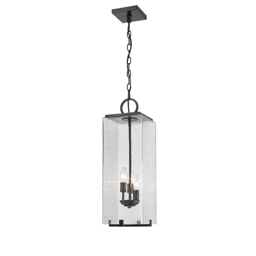Sana 3-Light Black Outdoor Chandelier with Seedy Glass Shade