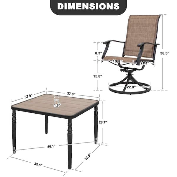 Black 5-Piece Metal and Textilene Square Outdoor Dining Set with Umbrella Hole, Wood-Grain Tabletop and Swivel Design