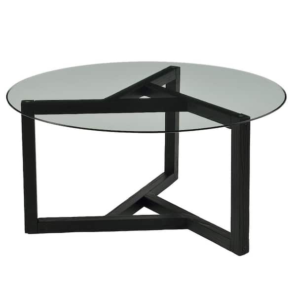 Harper Bright Designs 36 In Espresso, Round Black Iron Coffee Table With Glass Top