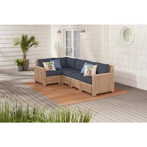 Laguna Point 5-Piece Natural Tan Wicker Outdoor Patio Sectional Sofa with CushionGuard Sky Blue Cushions