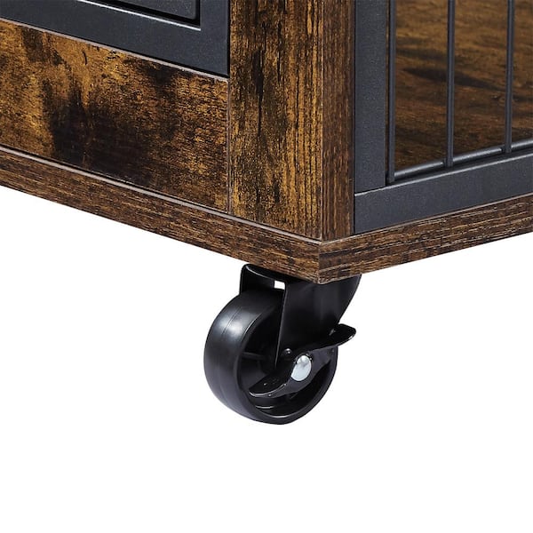 Furniture Style Dog Crate Side Table on Wheels with Double Doors and Lift Top. Rustic Brown - Medium