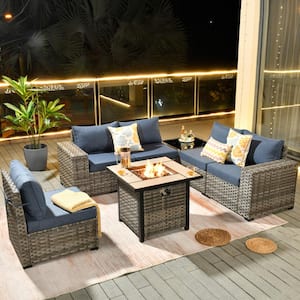 Tahoe Grey 7-Piece Wicker Wide Arm Outdoor Patio Conversation Sofa Set with a Fire Pit and Denim Blue Cushions