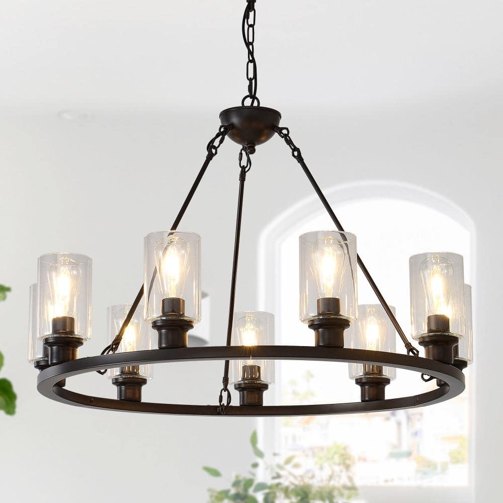 40W 9-Light Coffee Brown Wagon Wheel Chandelier Farmhouse Pendant Socket Glass Shade For Bedroom Kitchen Dining Living price history on PriceWatchPro
