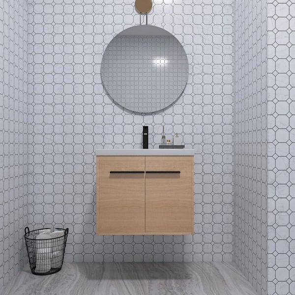 ARTCHIRLY 23.62 in. W x 18.11 in. D x 20.47 in. H Wall Mounted Bath Vanity in Light Brown with White Resin Vanity Top