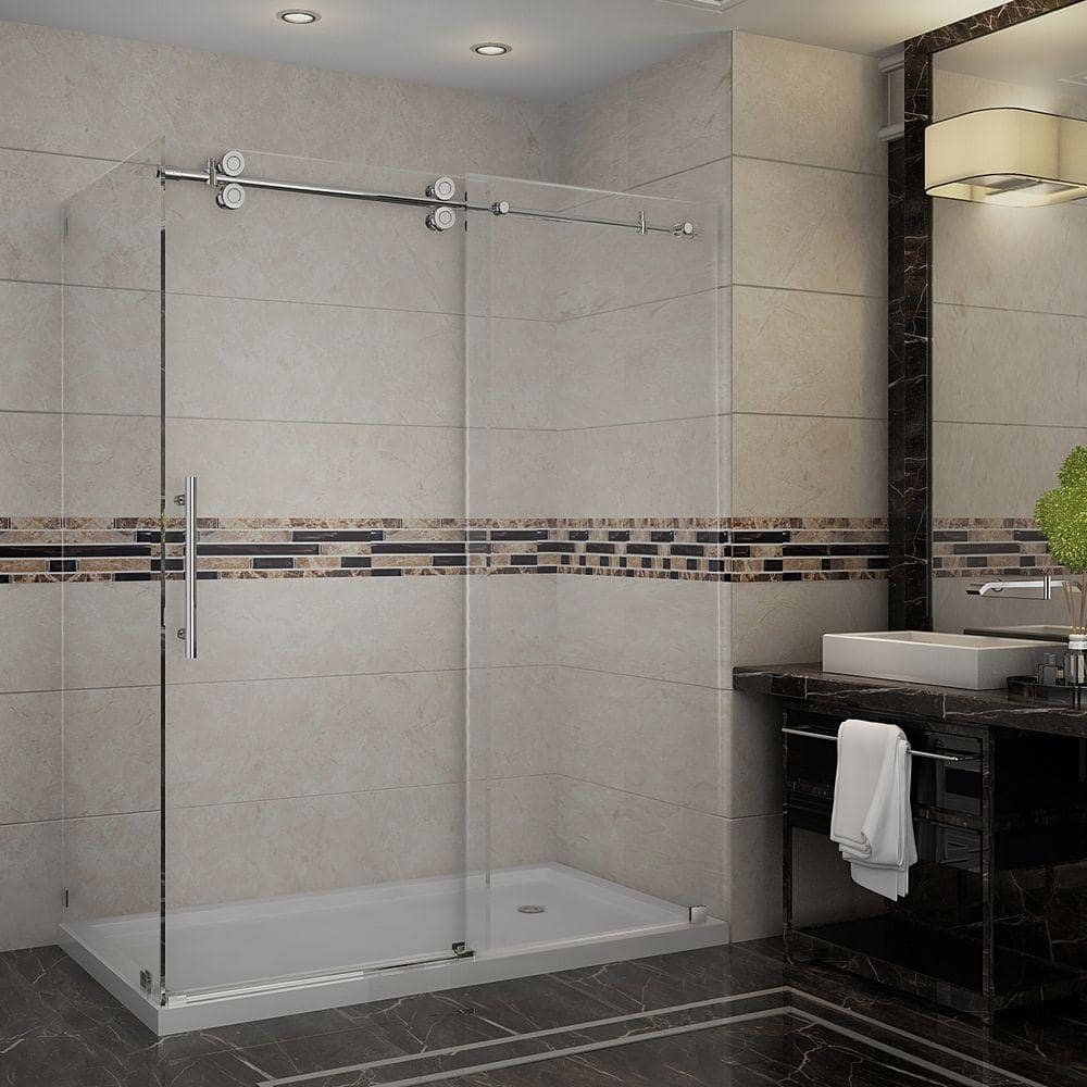 Aston Langham 60 in. x 35 in. x 77-1/2 in. Completely Frameless Shower Enclosure in Chrome with Right Base -  SEN979-TR-CH-60-10-R
