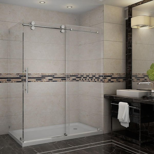 Aston Langham 60 in. x 35 in. x 77-1/2 in. Completely Frameless Shower Enclosure in Stainless Steel with Right Base