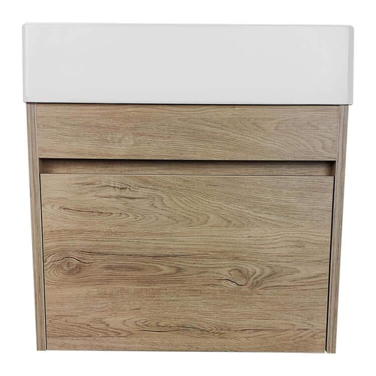 Mini 24" Brown Oak Wall Mounted Single Basin Vanity Set with White Ceramic Sink