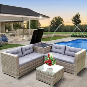 4-Piece Wicker Outdoor Sectional Set with Gray Cushion Glass Top Table and Storage Box