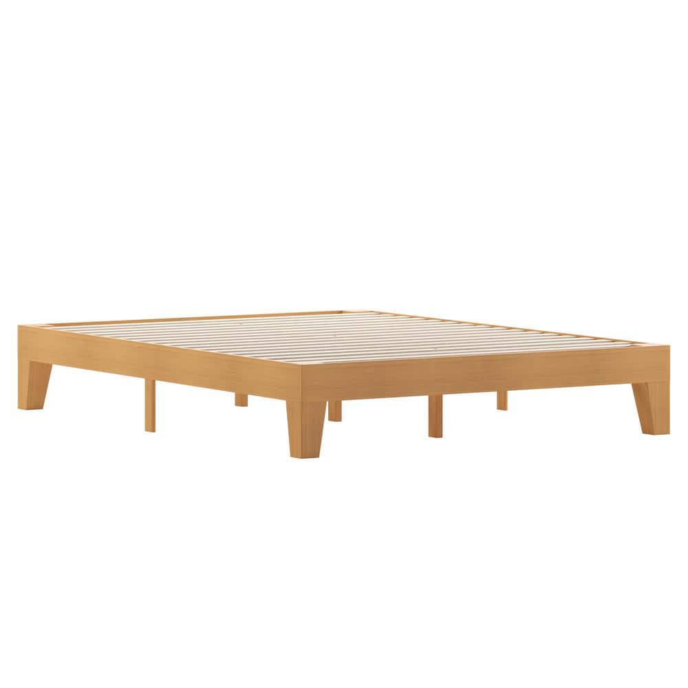Natural Pine Queen Platform Bed with Storage Drawer and Slats
