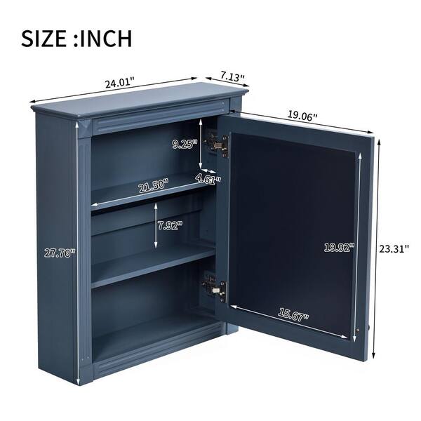 FAMYYT 24 in. W x 28 in. H Blue Rectangular Wooden Medicine Cabinet with Mirror and Adjustable Shelf