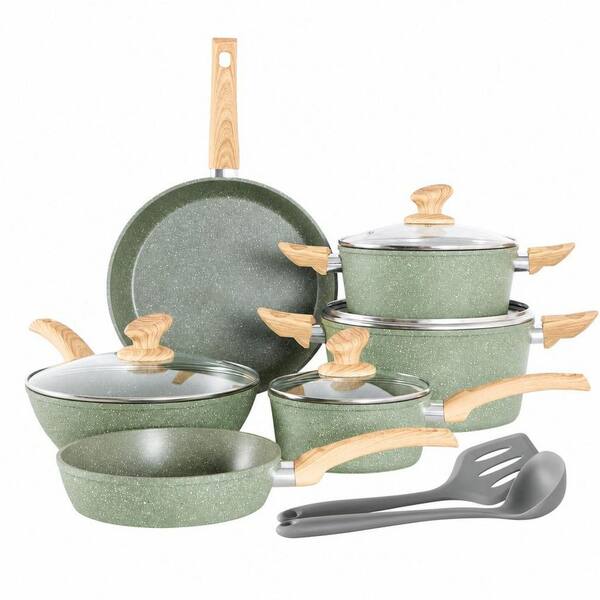 Green Granite 12 Piece Nonstick Cookware Set, Aluminum Healthy PFOA PFOS Free Induction Cooking Pots and Pans Set
