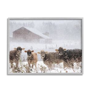Winter Farm Scene Cow Cattle Snowflakes Barn Design By Lori Deiter Framed Animal Art Print 14 in. x 11 in.