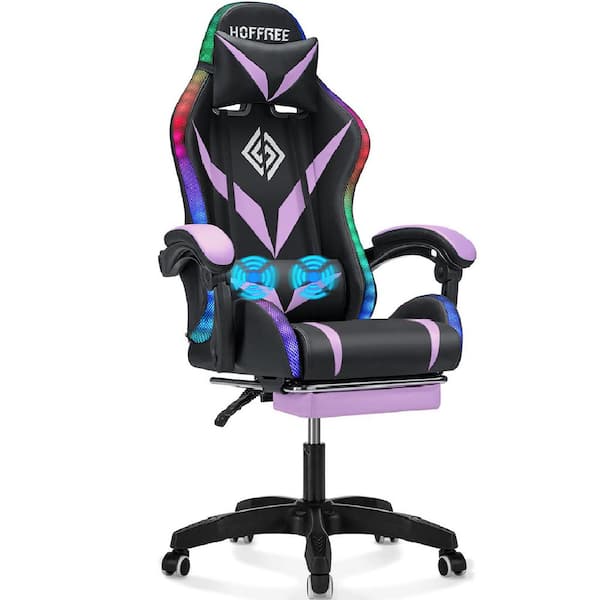 Hoffree Faux Leather Massage Ergonomic Gaming Chair in Purple with LED Lights Footrest