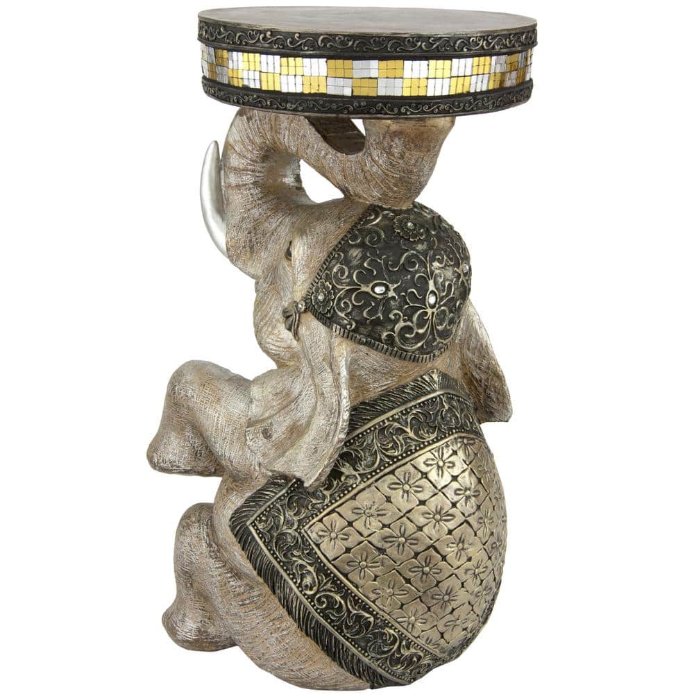 White Resin Elephant Statue with Traditional Costume, 23"