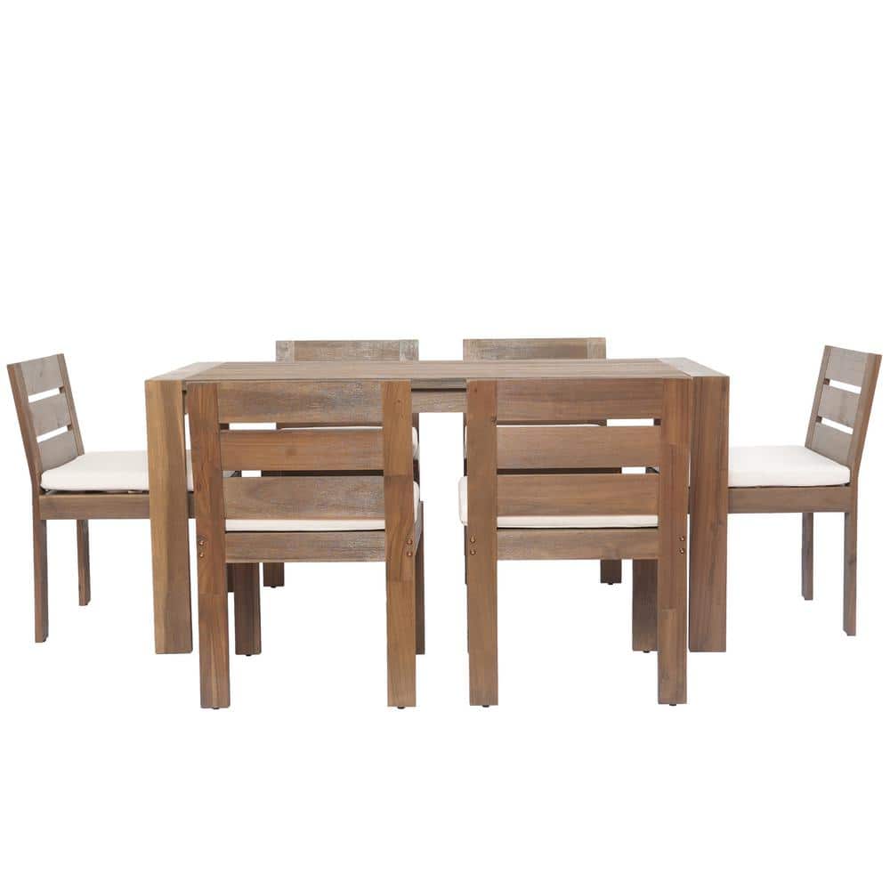 Natural 7-Piece Acacia Wood Outdoor Dining Set with Beige Cushion for Patio