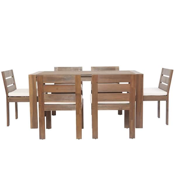Natural 7-Piece Acacia Wood Outdoor Dining Set with Beige Cushion for Patio, Balcony, Backyard