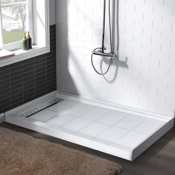 Woodbridge Krasik 60 in. L x 30 in. W Alcove Solid Surface Shower Pan Base with Left Drain in White with Chrome Cover, White with Chrome Drain Cover