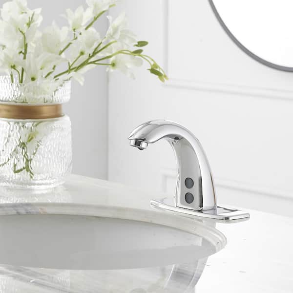 Automatic Sensor Touchless Bathroom Sink Faucet With Deck Plate & Pop Up Drain In Polished Chrome