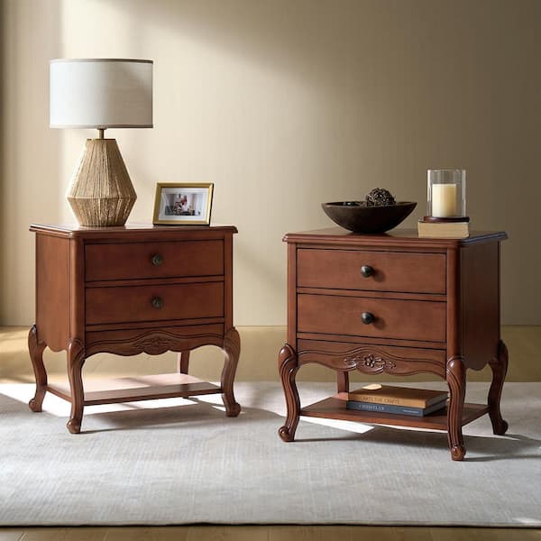 Nancy Walnut 18.25 in. W Traditional 3-Drawer Nightstand with Solid wood legs and Built-in Power Outlet(Set of 2)