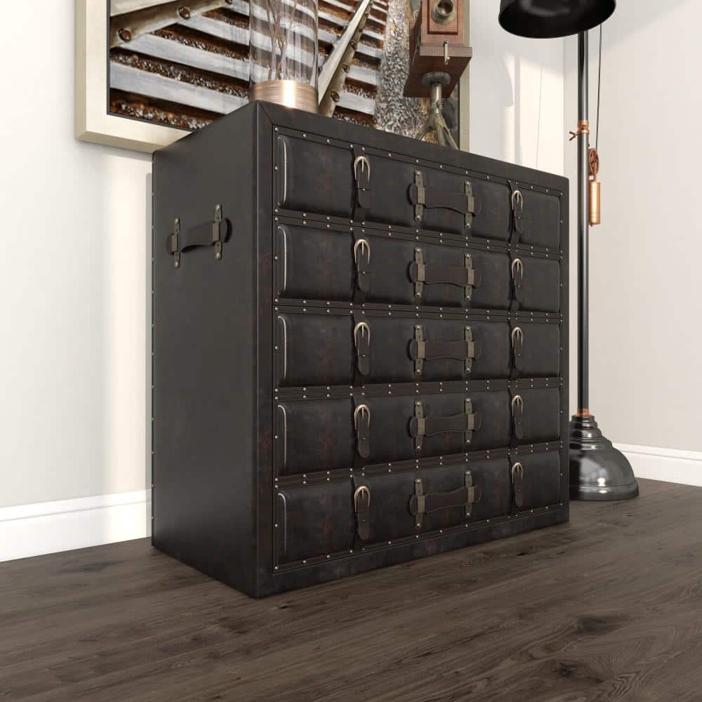 Black Wood Vintage Faux Leather Chest with Buckles and Straps