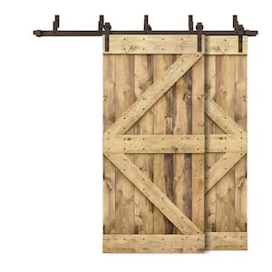 52 in. x 84 in. K Bypass Weather Oak Stained DIY Solid Wood Interior Double Sliding Barn Door with Hardware Kit