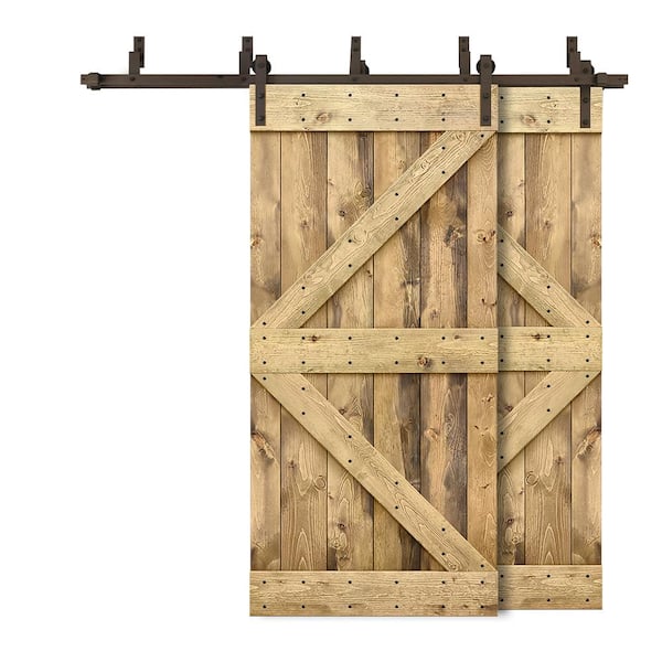 CALHOME 80 in. x 84 in. K-Bypass Weather Oak Stained DIY Solid Wood Interior Double Sliding Barn Door with Hardware Kit