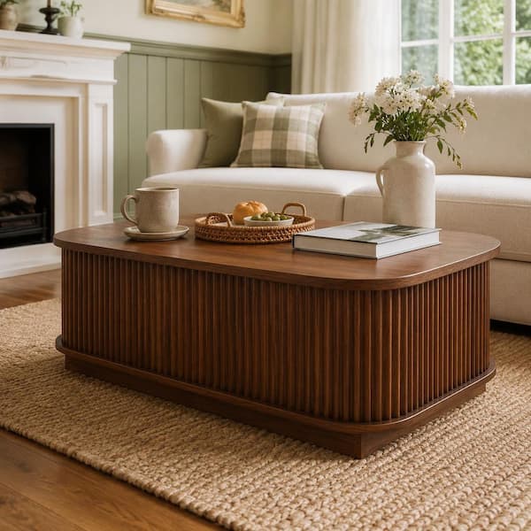 47.2 in. Walnut Oval MDF Lift Top Coffee Table with Hidden Storage, Gas Spring Mechanism and Fluted Design