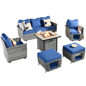 Echo Black 6-Piece Wicker Multi-Functional Patio Conversation Sofa Set with a Fire Pit and Navy Blue Cushions