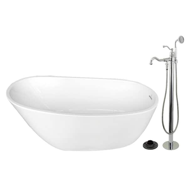 Arcticstone 59.1 in. x 28.6 in. Acrylic Flatbottom Soaking Freestanding Bathtub in Glossy White/Polished Chrome