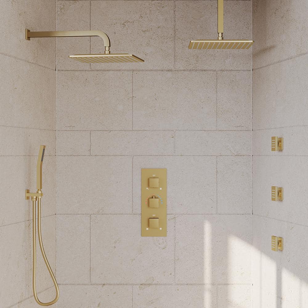 Grandjoy Brushed Gold Dual Shower Head System with Handheld Spray and Jets
