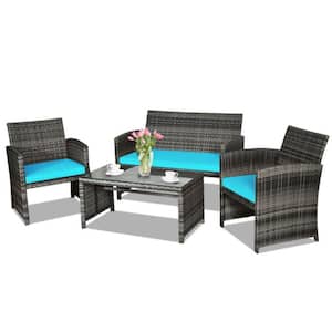 4-Piece Wicker Outdoor Conversation Furniture Set with Turquoise Cushions and Tempered Glass Table